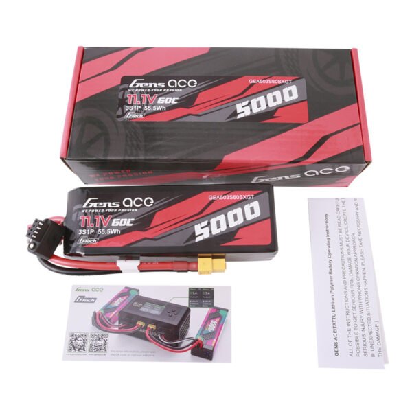 Batería Lipo de tamaño corto Gens ace de 5000 mAh, 3S, 60 C, 11,1 V, G-Tech, con conector XT60