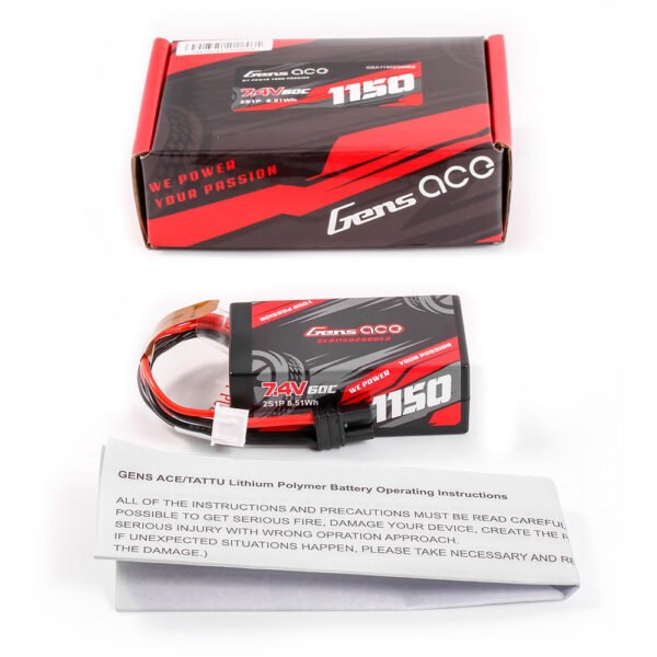 Batería Lipo Gens ace de 1150 mAh, 2S, 60 C, 7,4 V, con carcasa rígida y conector IEC2